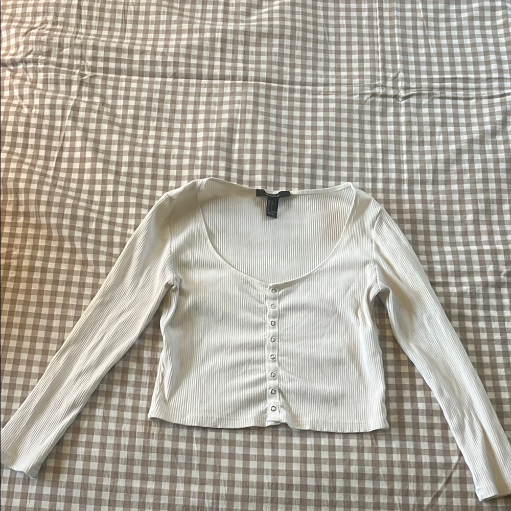 White Ribbed Button-Up Top